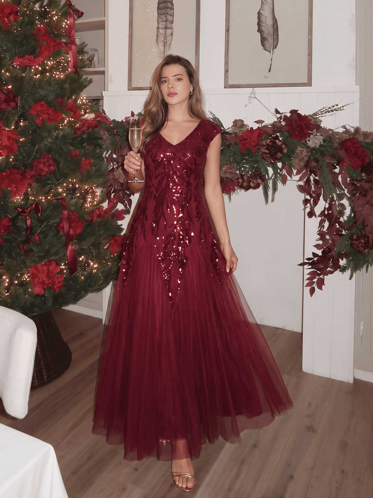ever FREYA| Floral Sequin A Line Maxi Evening Dress with V-Neck