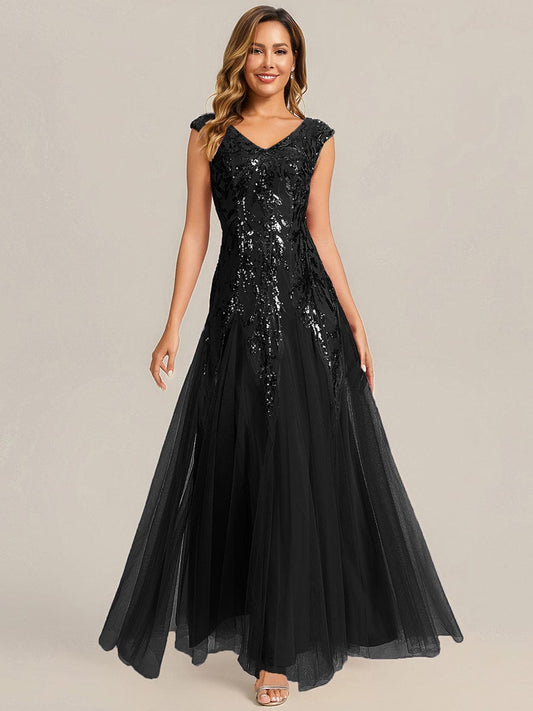 ever FREYA| Floral Sequin A Line Maxi Evening Dress with V-Neck
