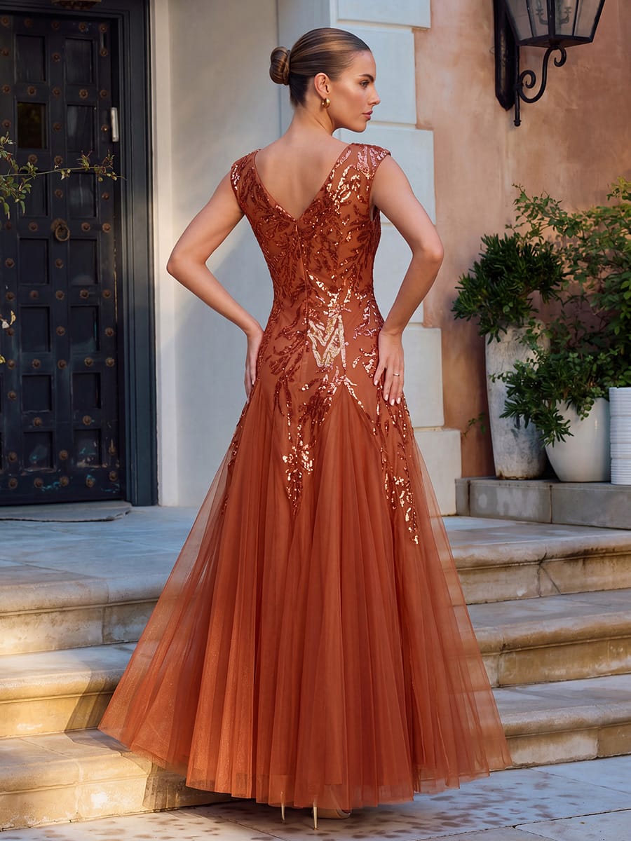 ever FREYA| Floral Sequin A Line Maxi Evening Dress with V-Neck