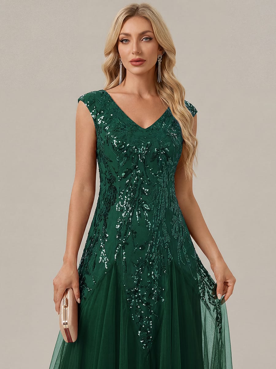 ever FREYA| Floral Sequin A Line Maxi Evening Dress with V-Neck