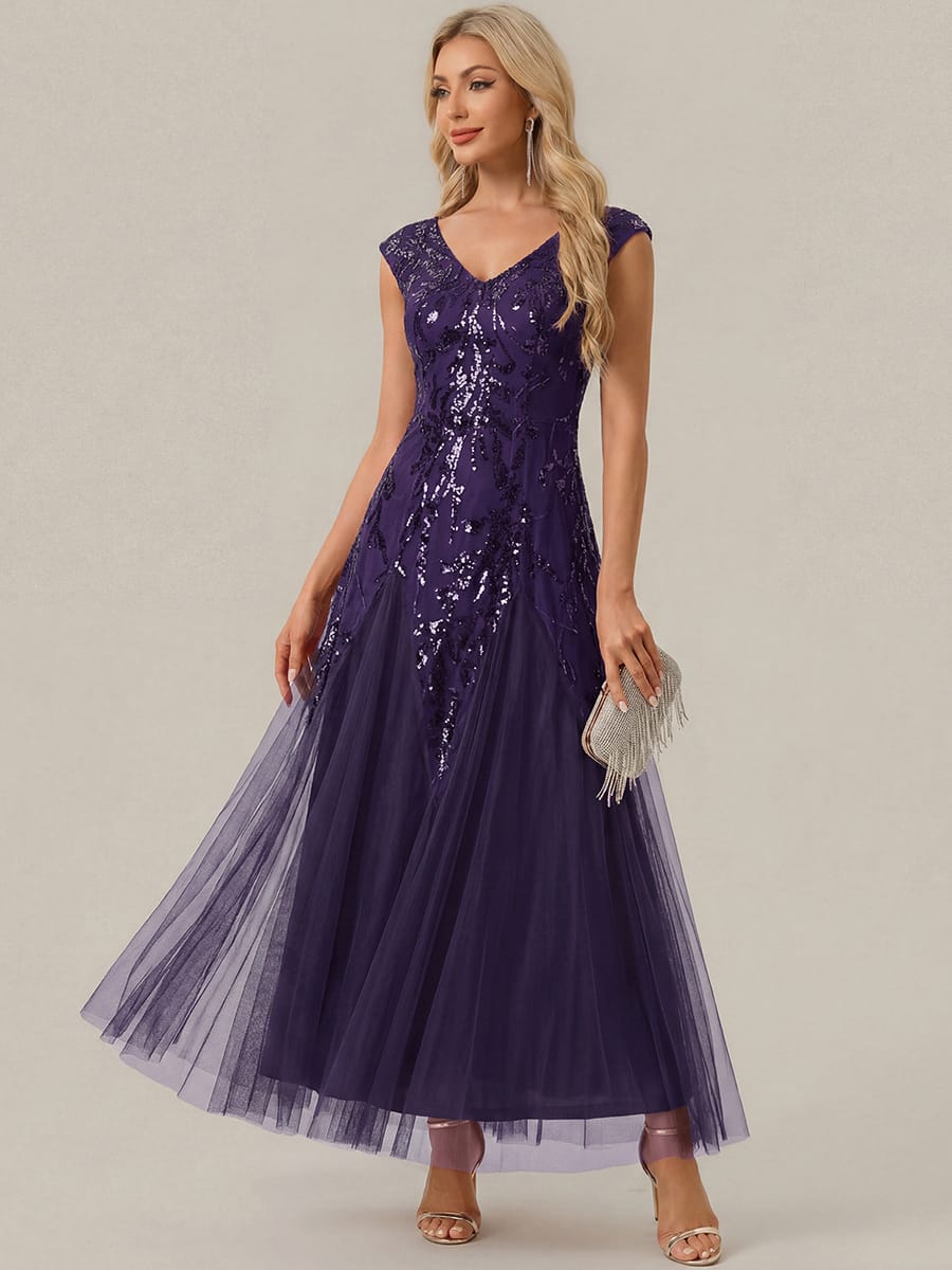 ever FREYA| Floral Sequin A Line Maxi Evening Dress with V-Neck