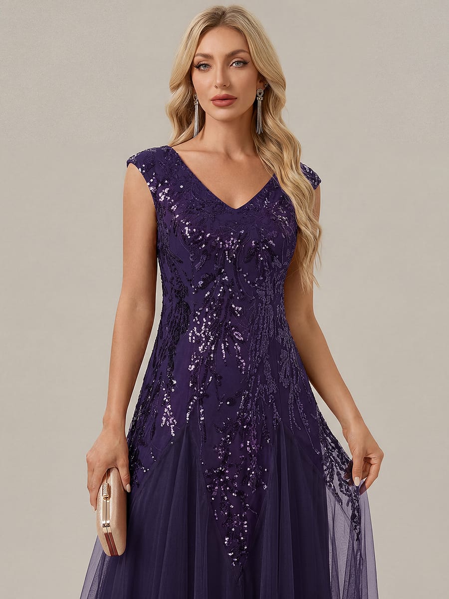 ever FREYA| Floral Sequin A Line Maxi Evening Dress with V-Neck