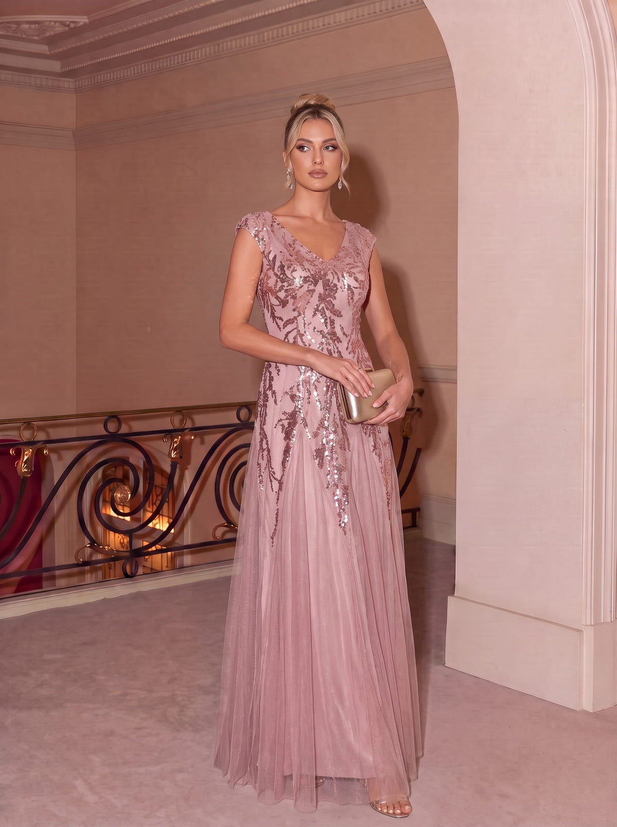 ever FREYA| Floral Sequin A Line Maxi Evening Dress with V-Neck