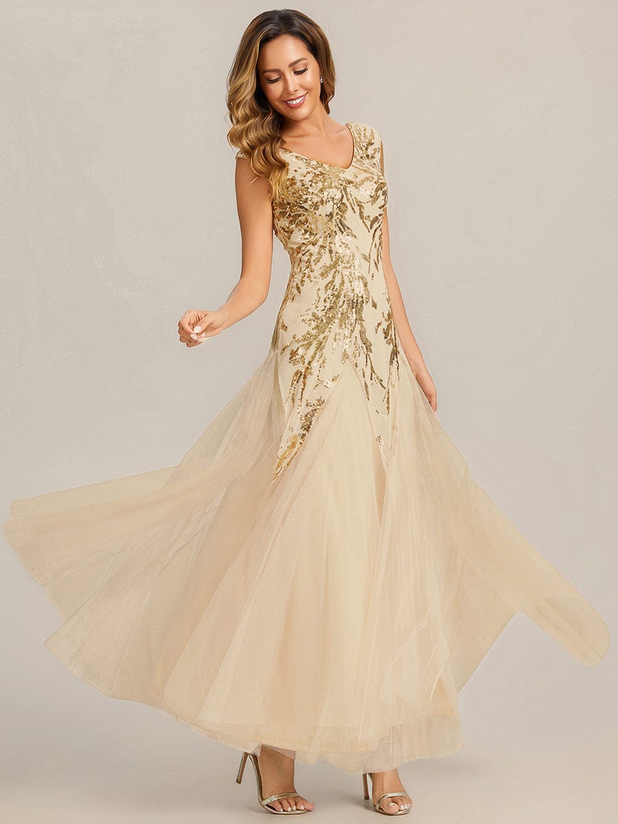 ever FREYA| Floral Sequin A Line Maxi Evening Dress with V-Neck