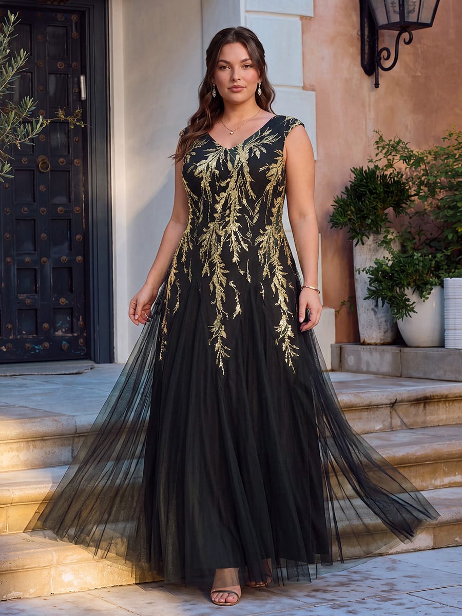 ever FREYA| Floral Sequin A Line Maxi Evening Dress with V-Neck