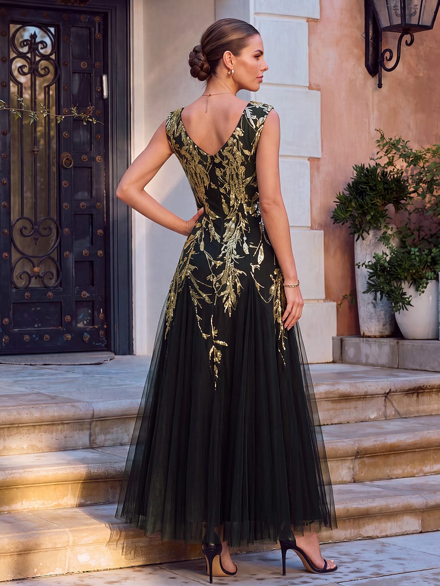 ever FREYA| Floral Sequin A Line Maxi Evening Dress with V-Neck
