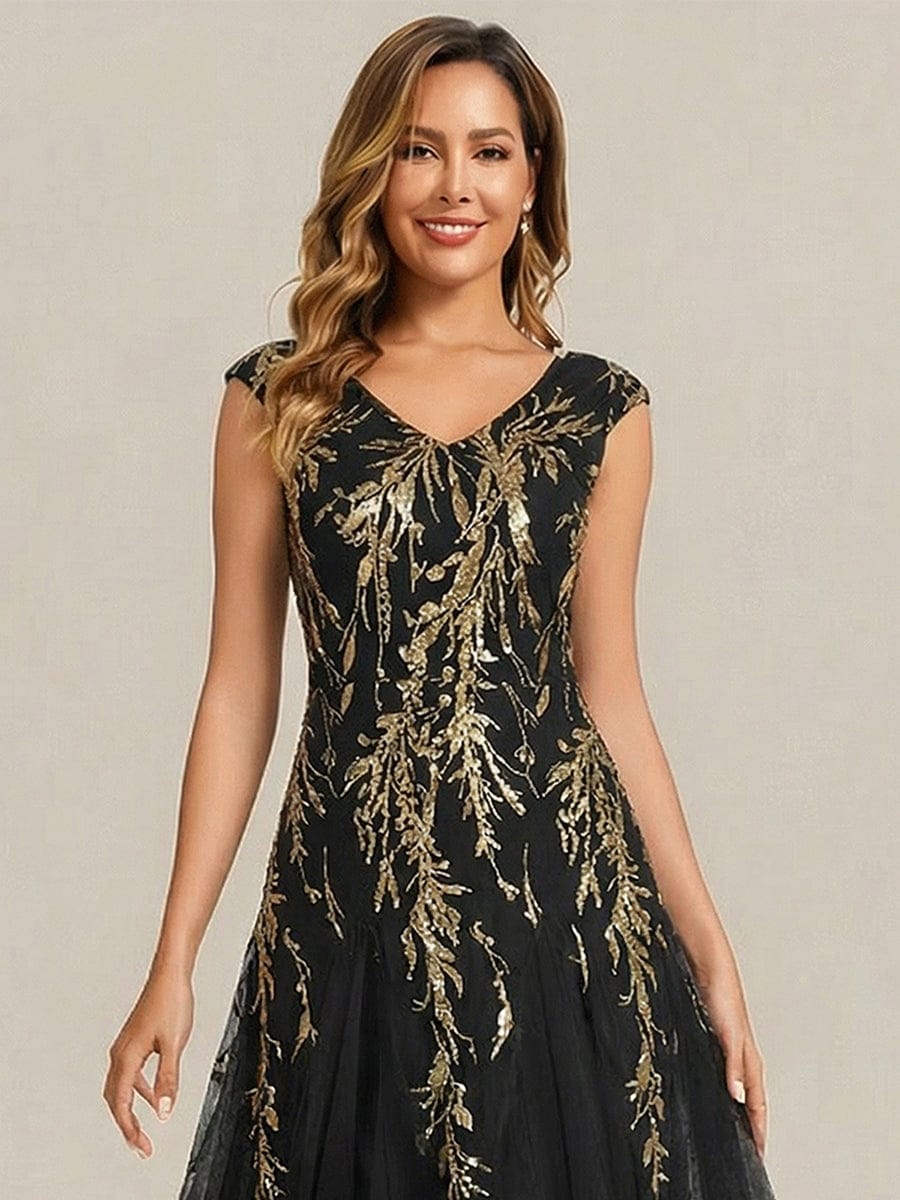 ever FREYA| Floral Sequin A Line Maxi Evening Dress with V-Neck