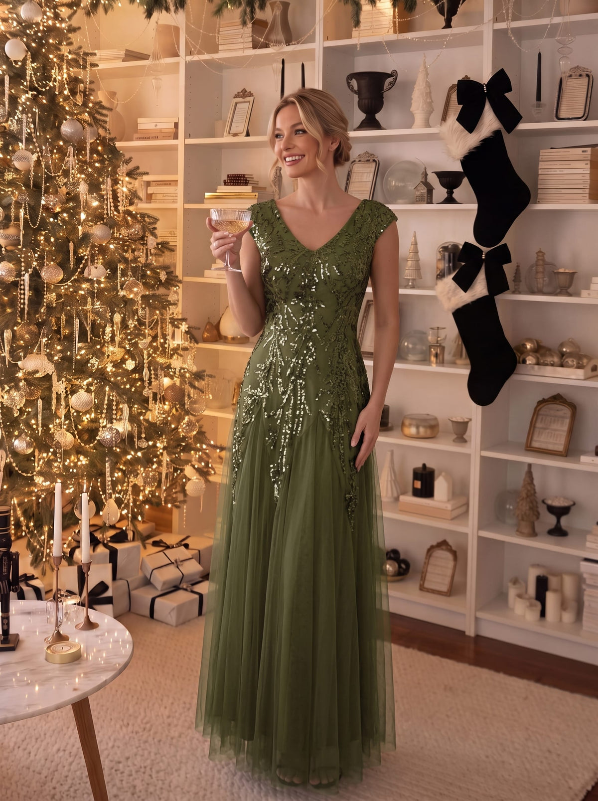 ever FREYA| Floral Sequin A Line Maxi Evening Dress with V-Neck