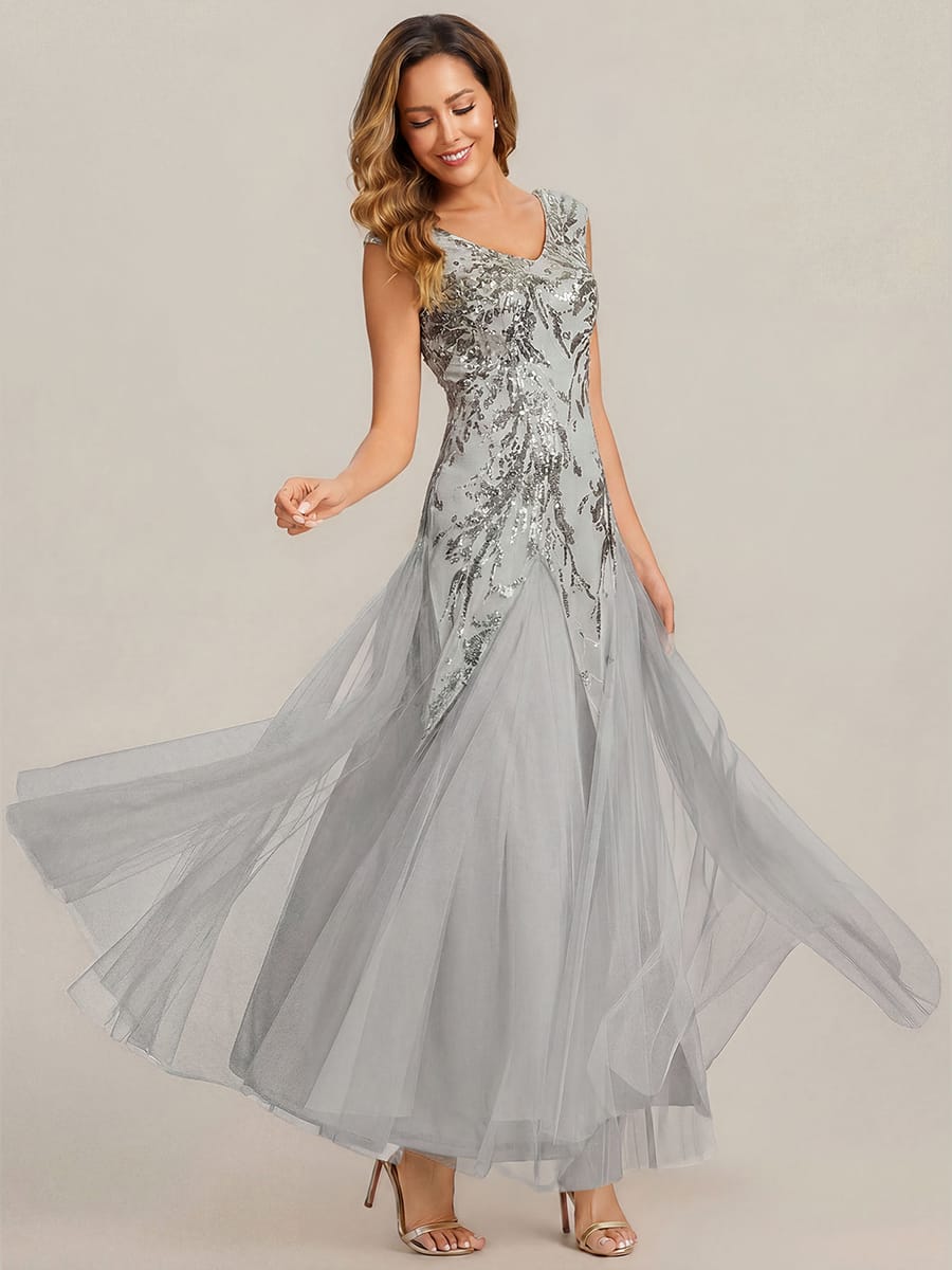 ever FREYA| Floral Sequin A Line Maxi Evening Dress with V-Neck