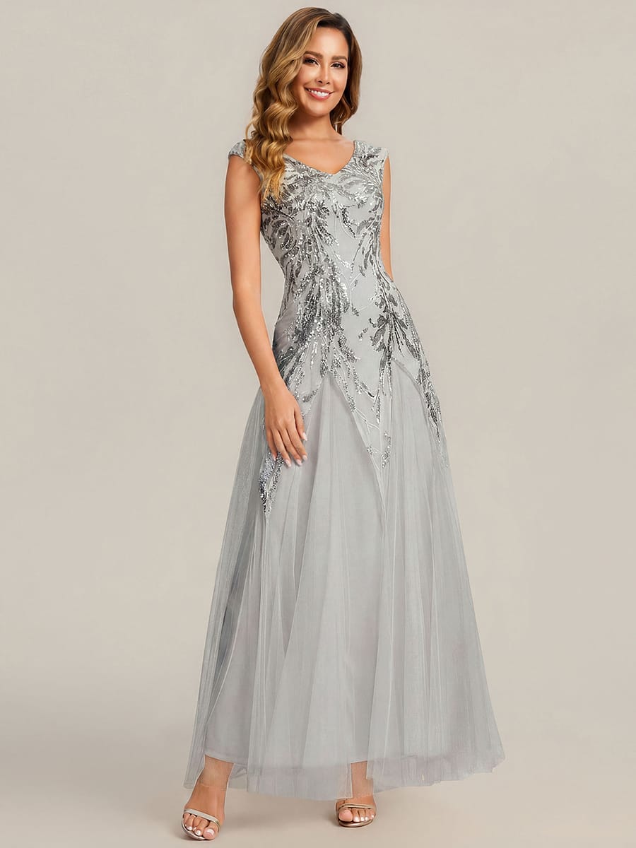 ever FREYA| Floral Sequin A Line Maxi Evening Dress with V-Neck