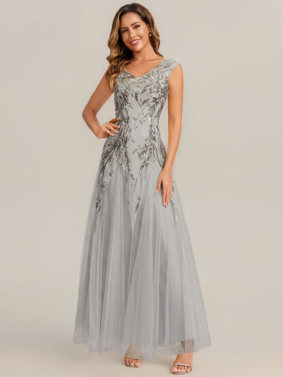 ever FREYA| Floral Sequin A Line Maxi Evening Dress with V-Neck