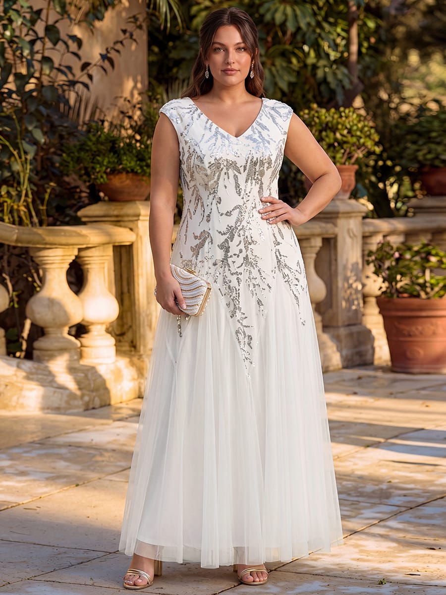 ever FREYA| Floral Sequin A Line Maxi Evening Dress with V-Neck