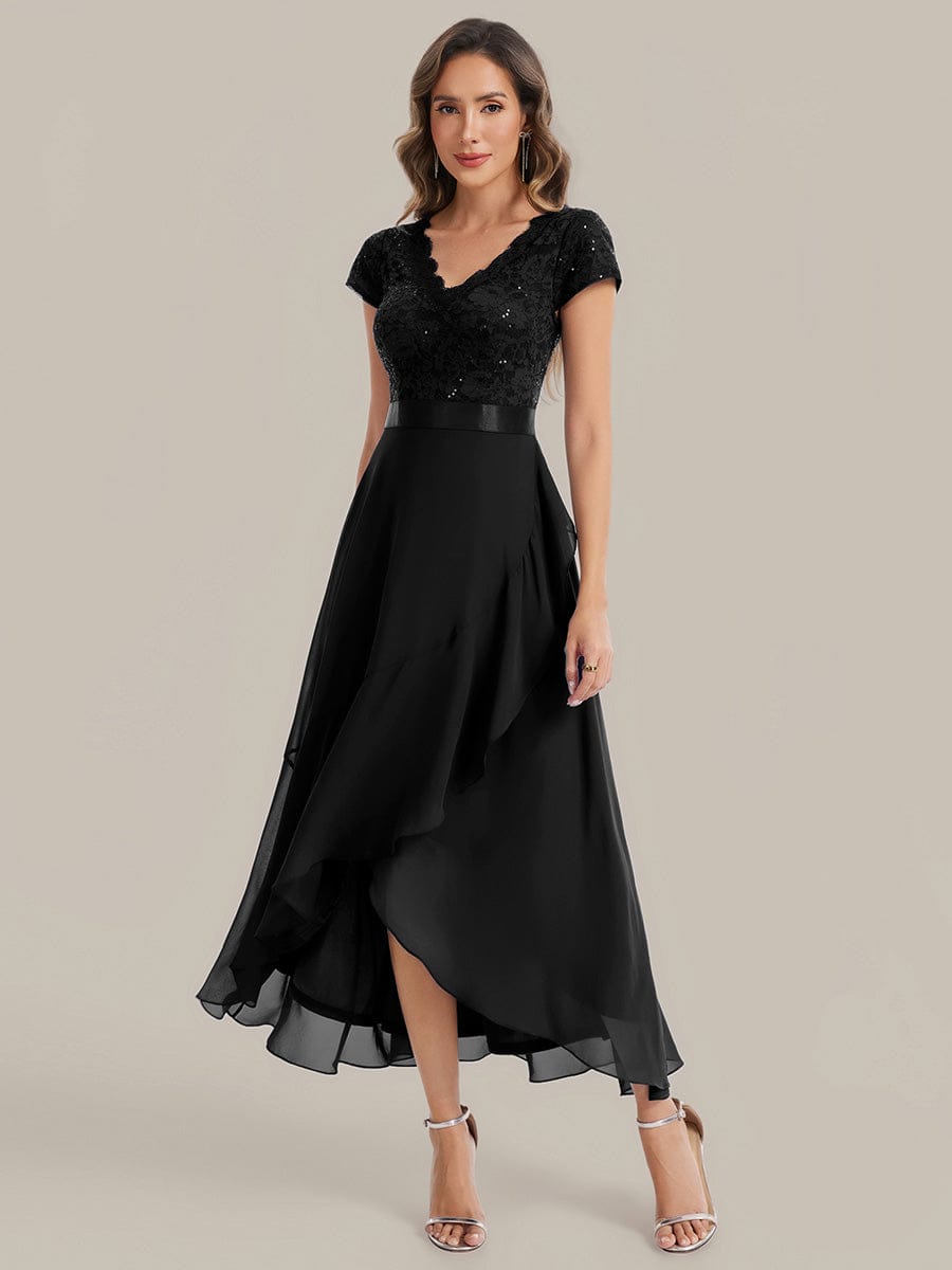 Deep V-Neck Chiffon Cap Sleeve Dress