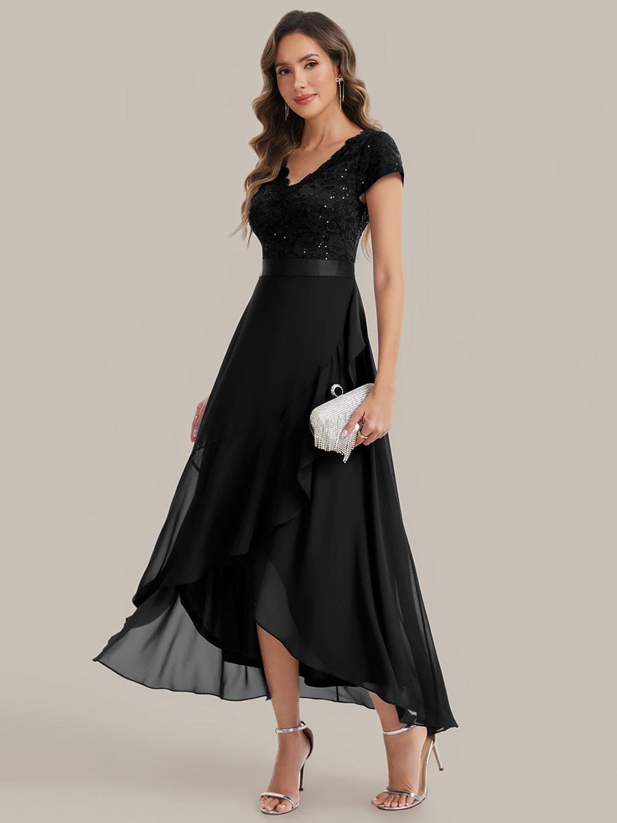 Deep V-Neck Chiffon Cap Sleeve Dress