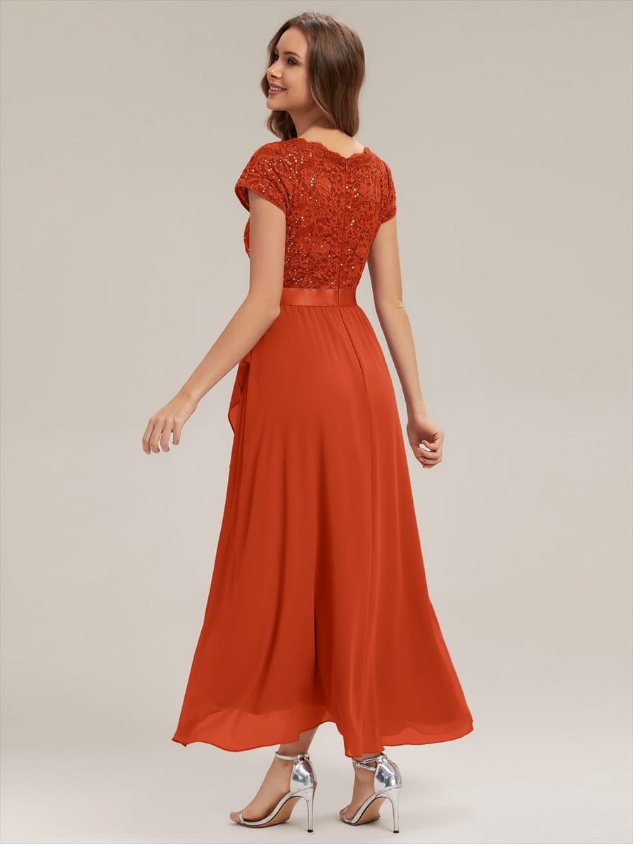 Deep V-Neck Chiffon Cap Sleeve Dress