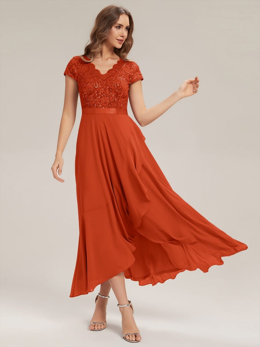Deep V-Neck Chiffon Cap Sleeve Dress