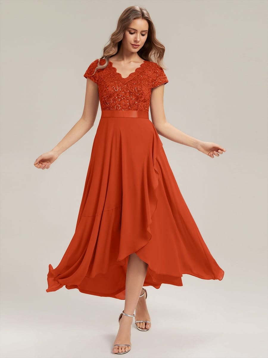 Deep V-Neck Chiffon Cap Sleeve Dress