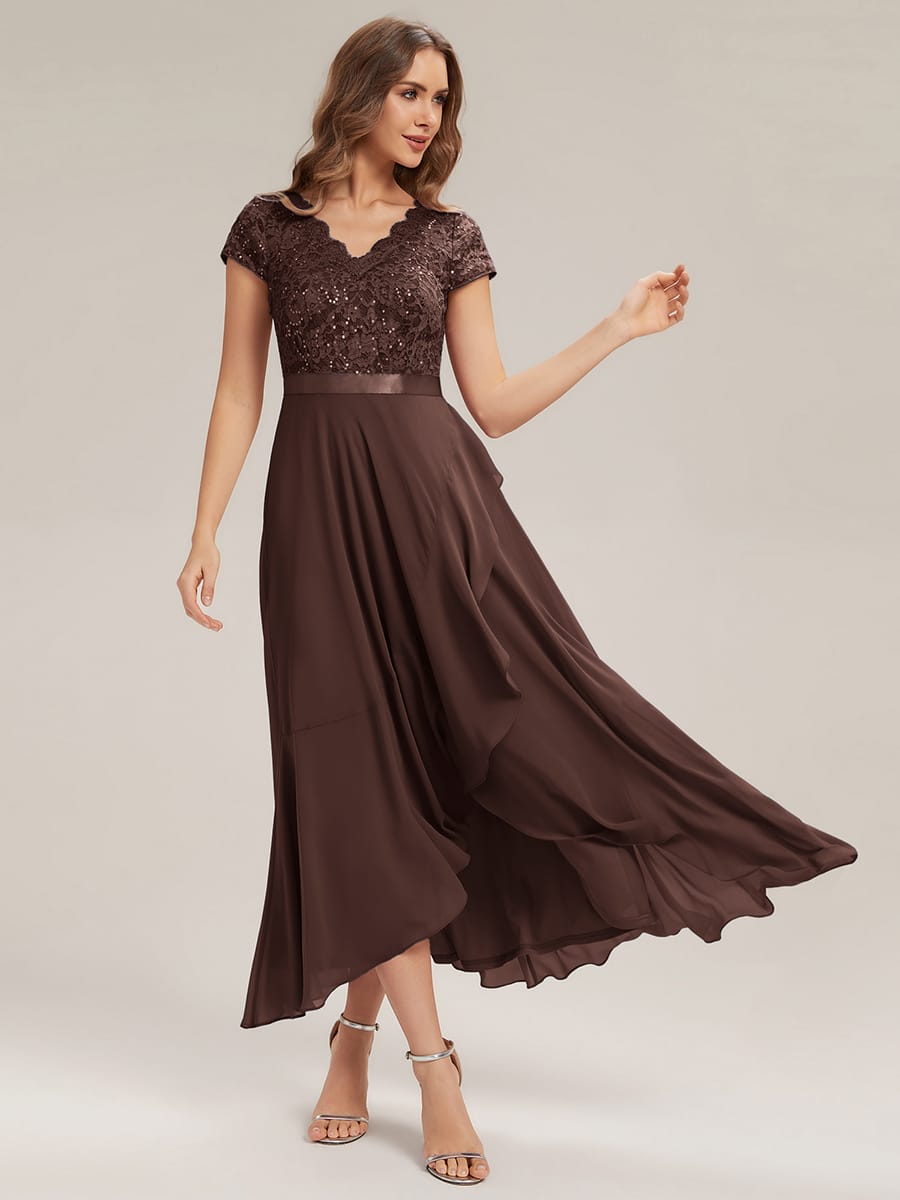 Deep V-Neck Chiffon Cap Sleeve Dress