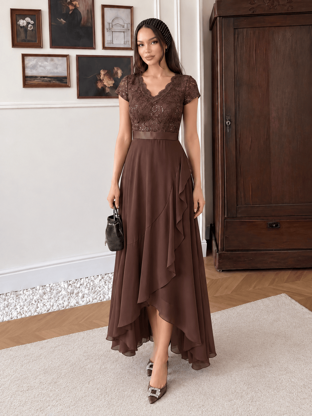 Deep V-Neck Chiffon Cap Sleeve Dress