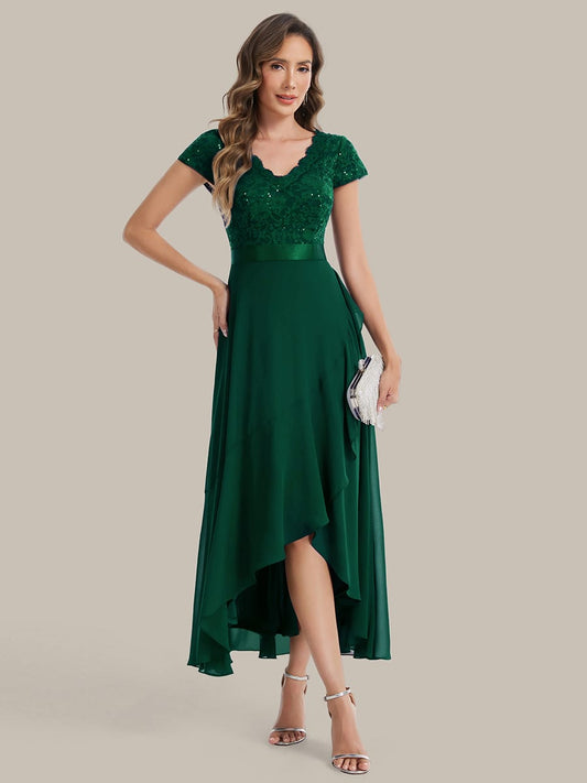 Deep V-Neck Chiffon Cap Sleeve Dress