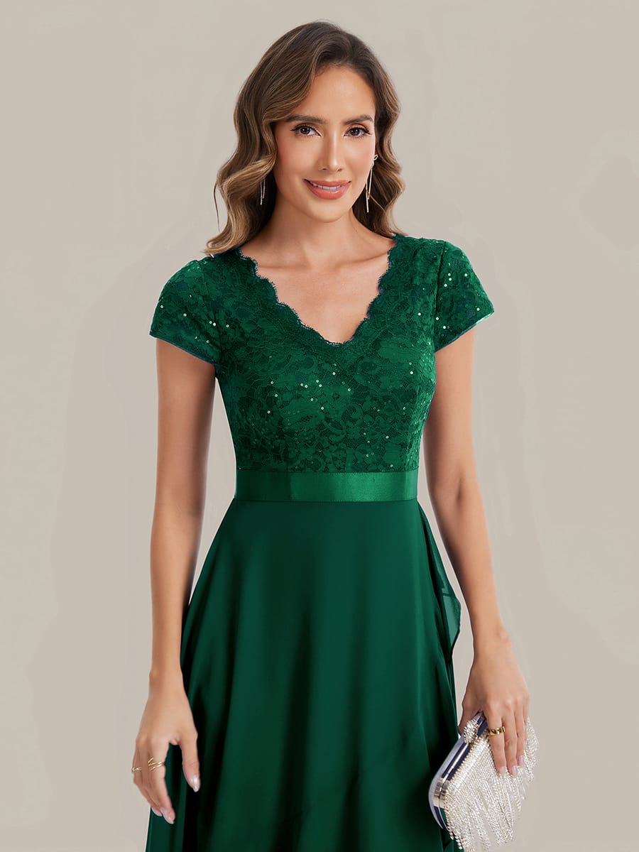 Deep V-Neck Chiffon Cap Sleeve Dress