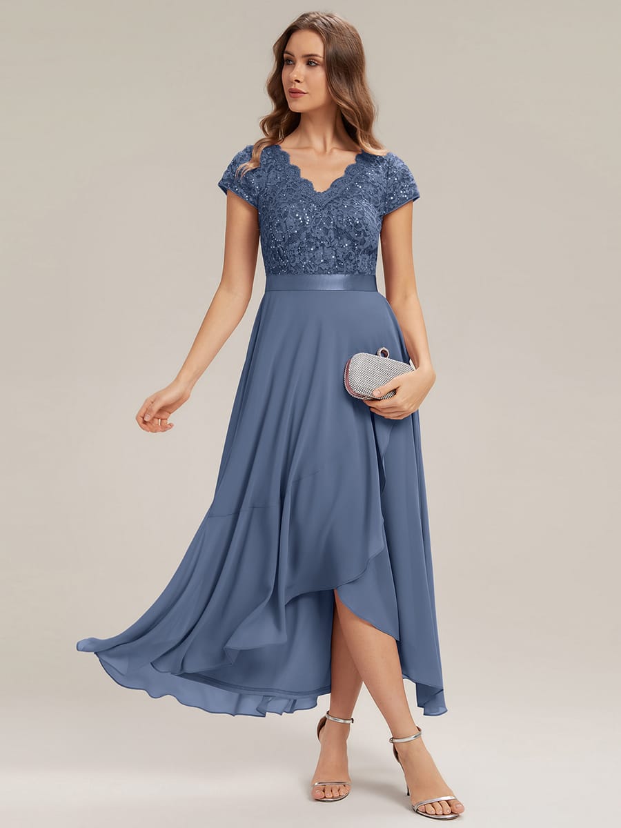 Deep V-Neck Chiffon Cap Sleeve Dress