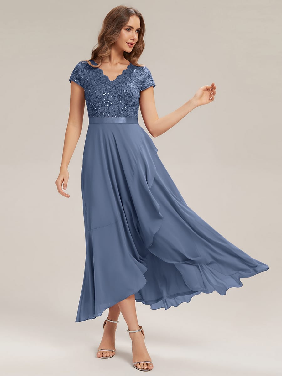Deep V-Neck Chiffon Cap Sleeve Dress