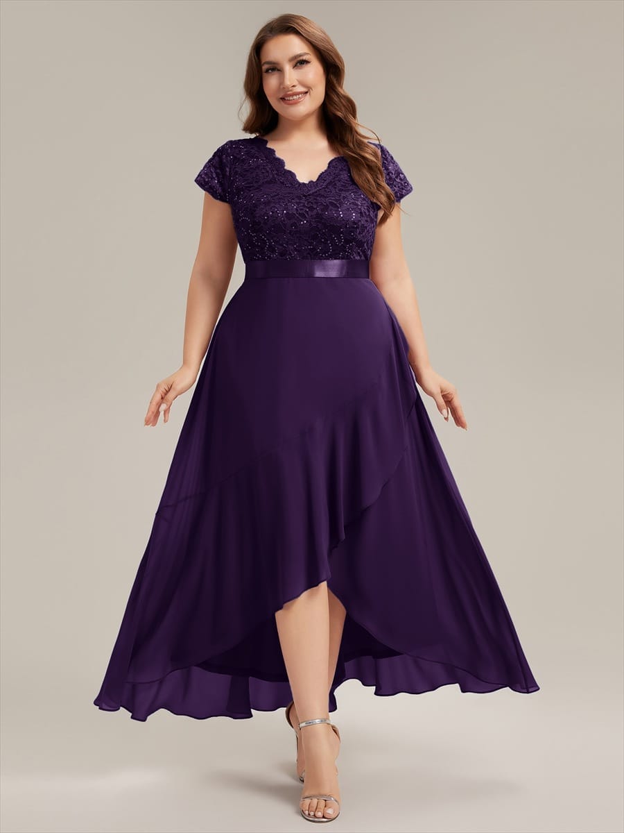 Deep V-Neck Chiffon Cap Sleeve Dress