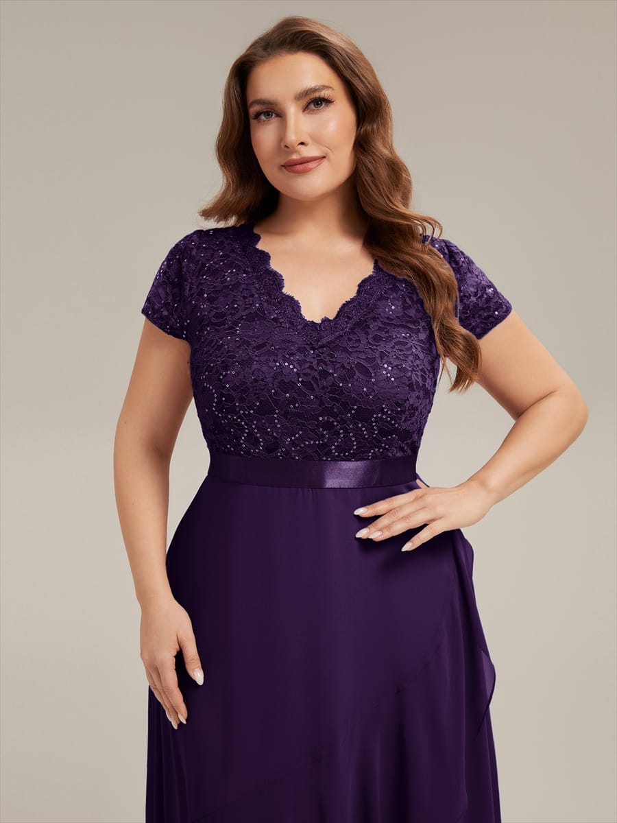 Deep V-Neck Chiffon Cap Sleeve Dress