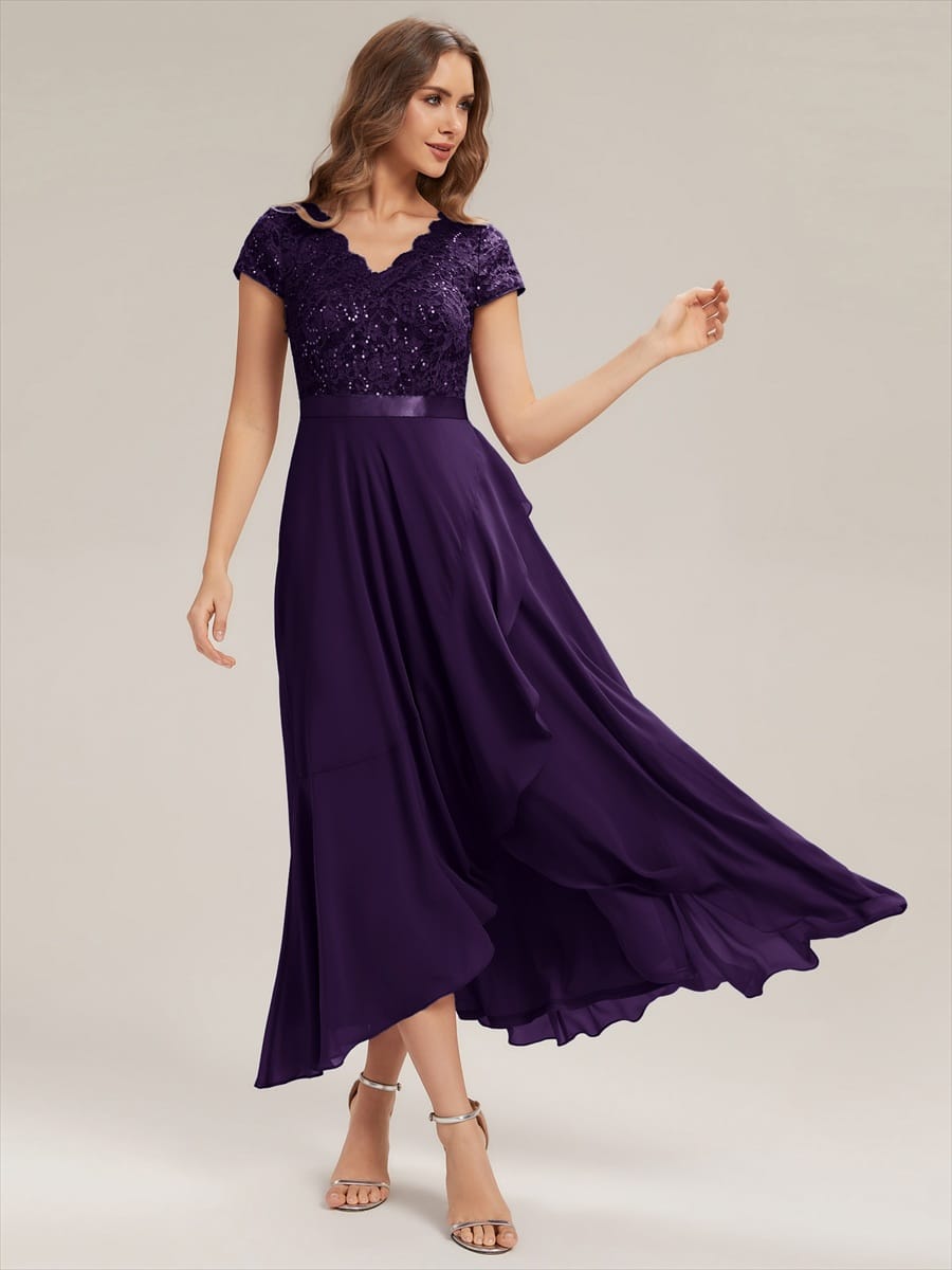 Deep V-Neck Chiffon Cap Sleeve Dress