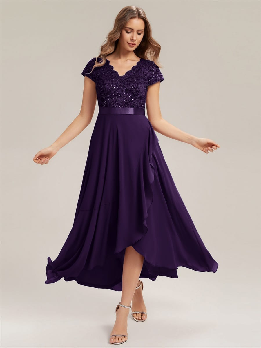 Deep V-Neck Chiffon Cap Sleeve Dress