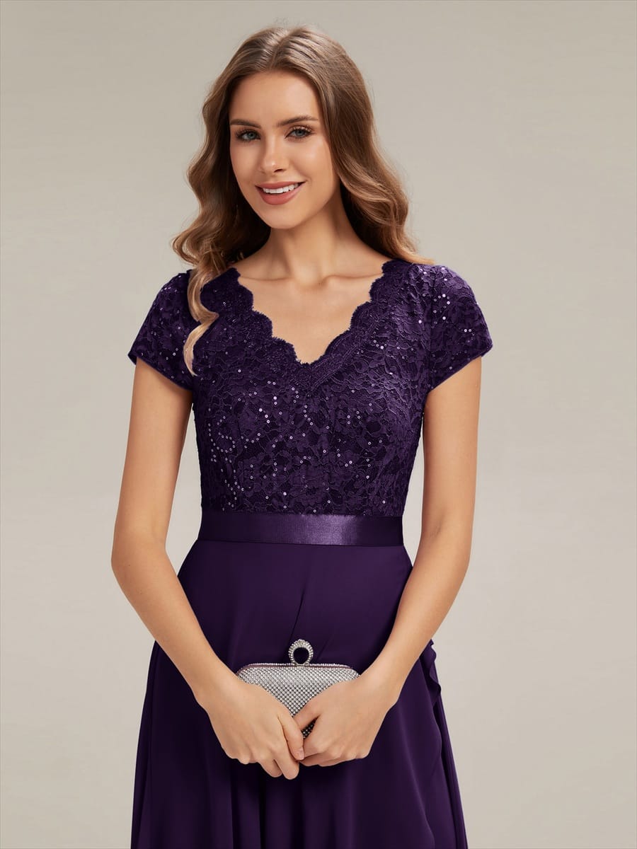 Deep V-Neck Chiffon Cap Sleeve Dress