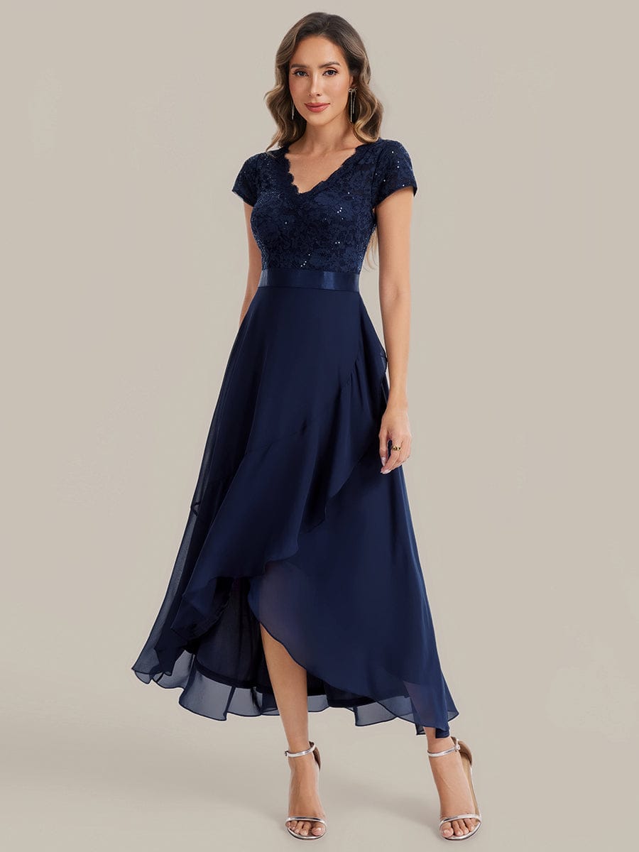 Deep V-Neck Chiffon Cap Sleeve Dress