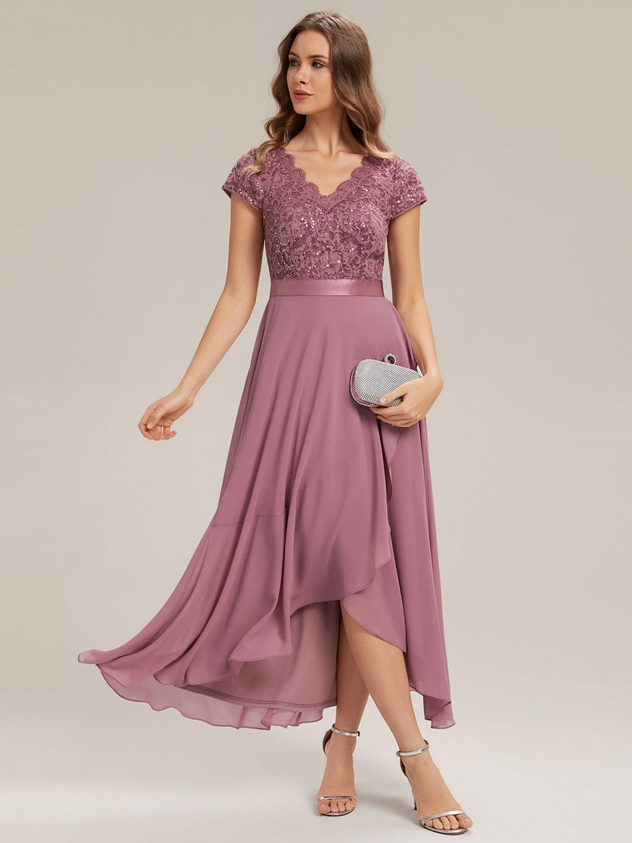 Deep V-Neck Chiffon Cap Sleeve Dress