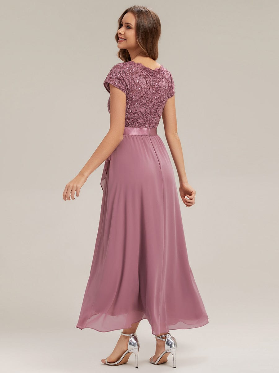 Deep V-Neck Chiffon Cap Sleeve Dress