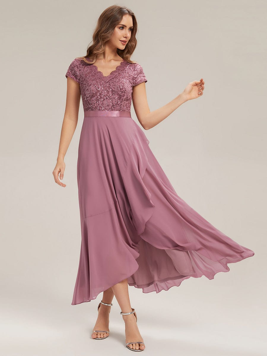 Deep V-Neck Chiffon Cap Sleeve Dress