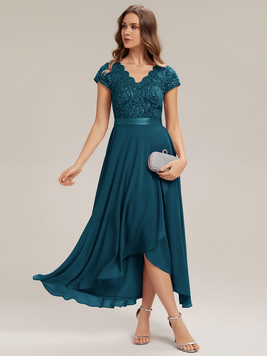 Deep V-Neck Chiffon Cap Sleeve Dress