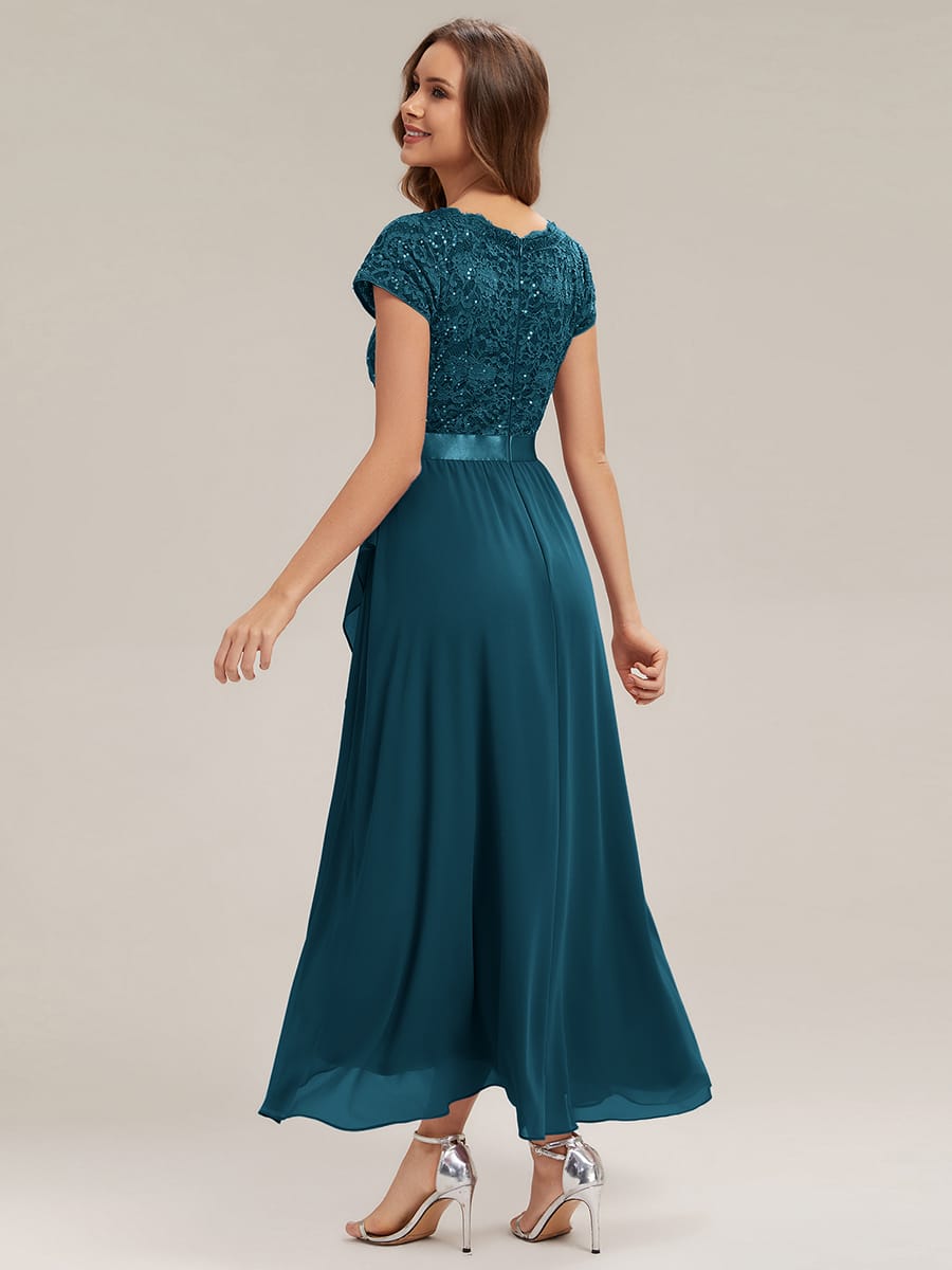Deep V-Neck Chiffon Cap Sleeve Dress