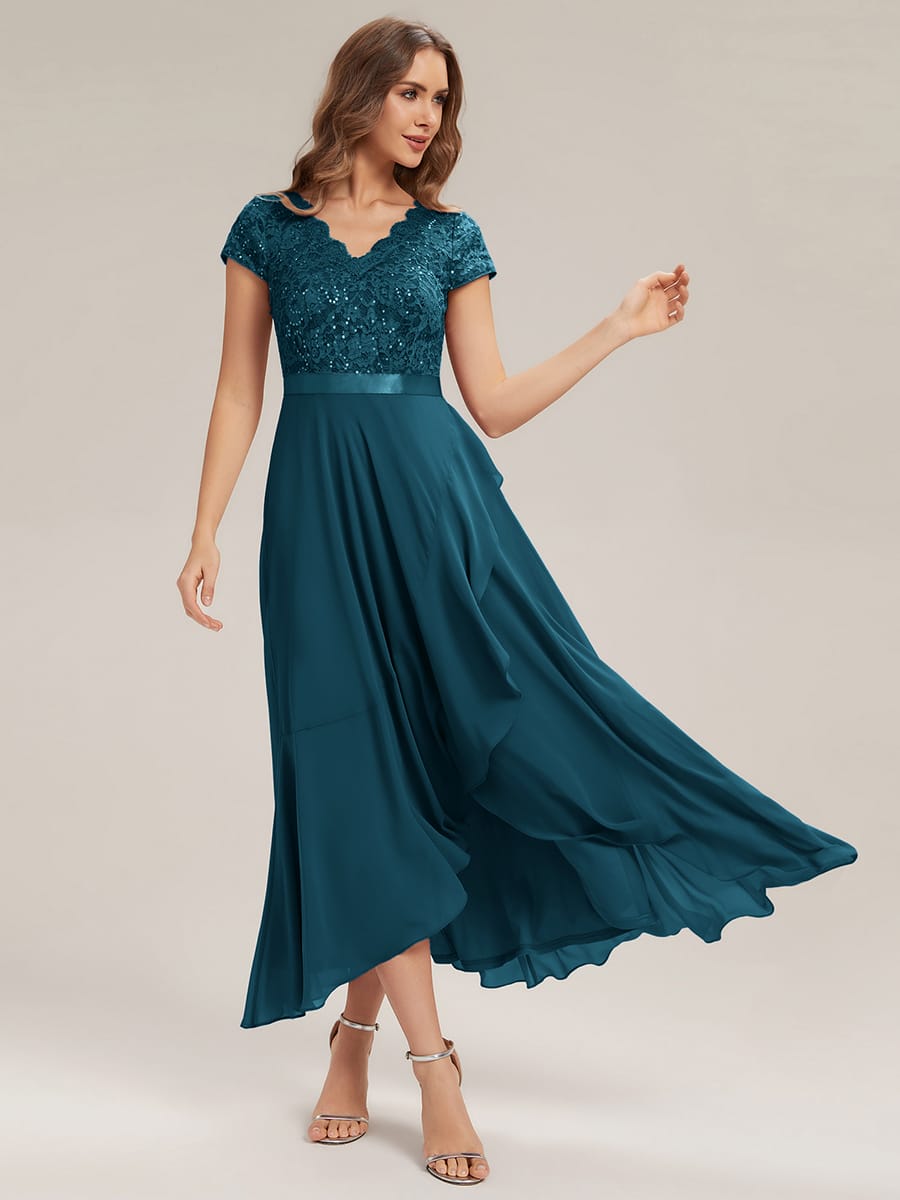Deep V-Neck Chiffon Cap Sleeve Dress