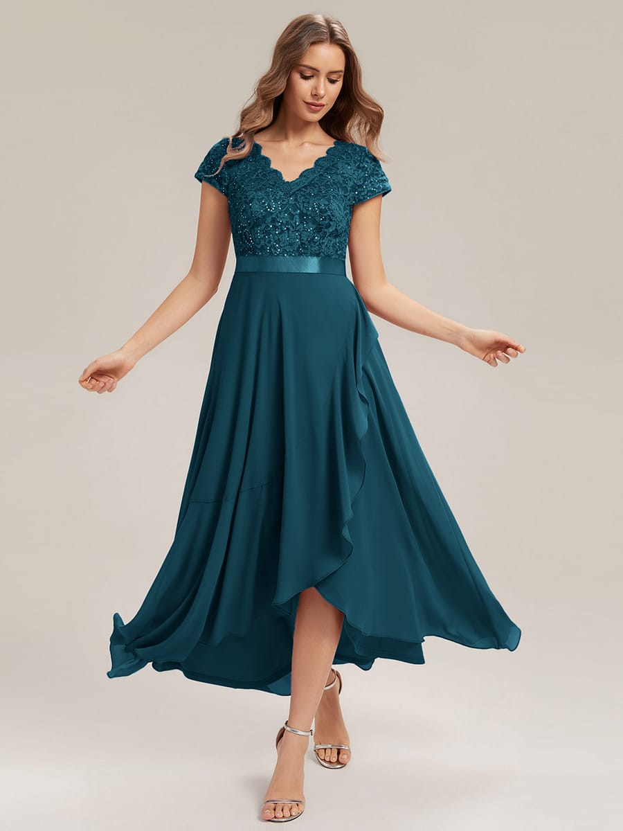 Deep V-Neck Chiffon Cap Sleeve Dress