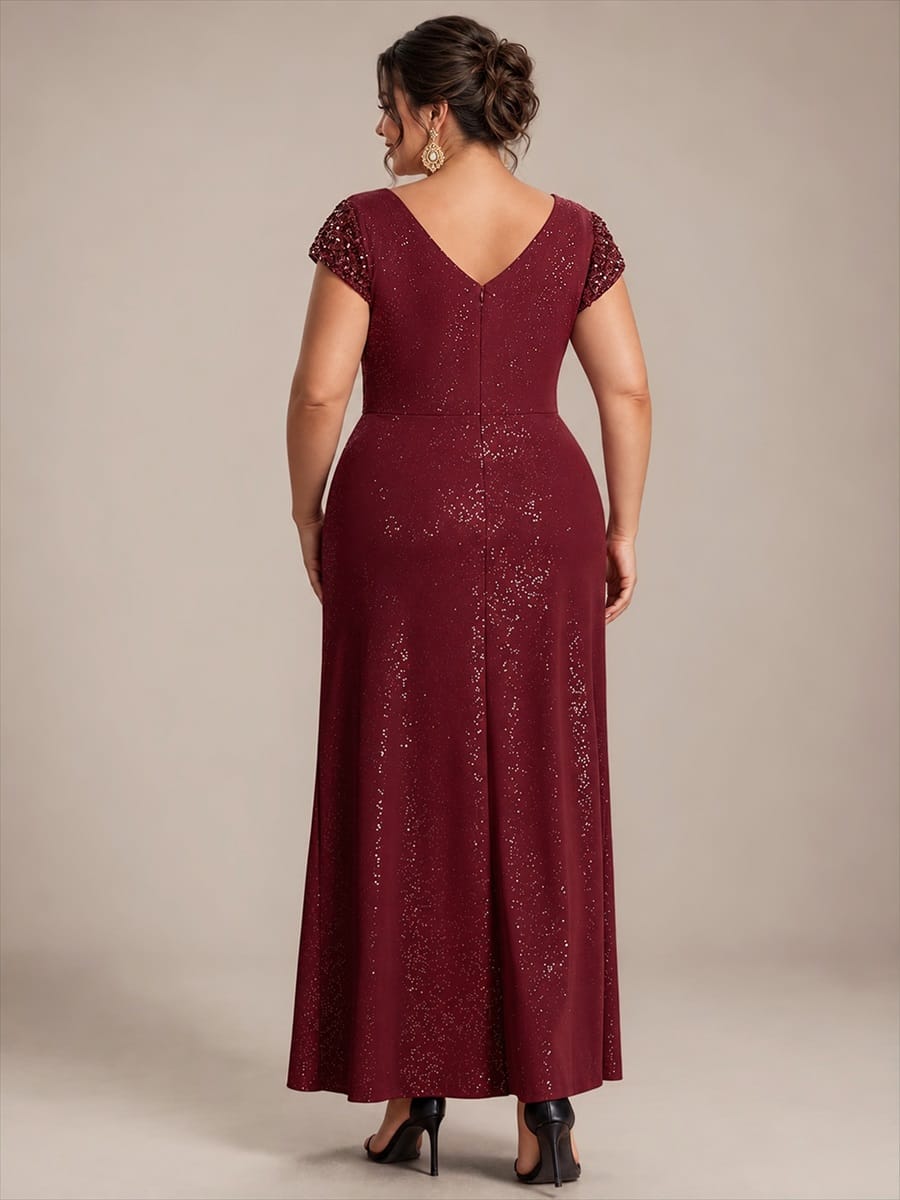 pretty KAIA|Plus Size Sequin Maxi Dress with V Neck & Cap Sleeves