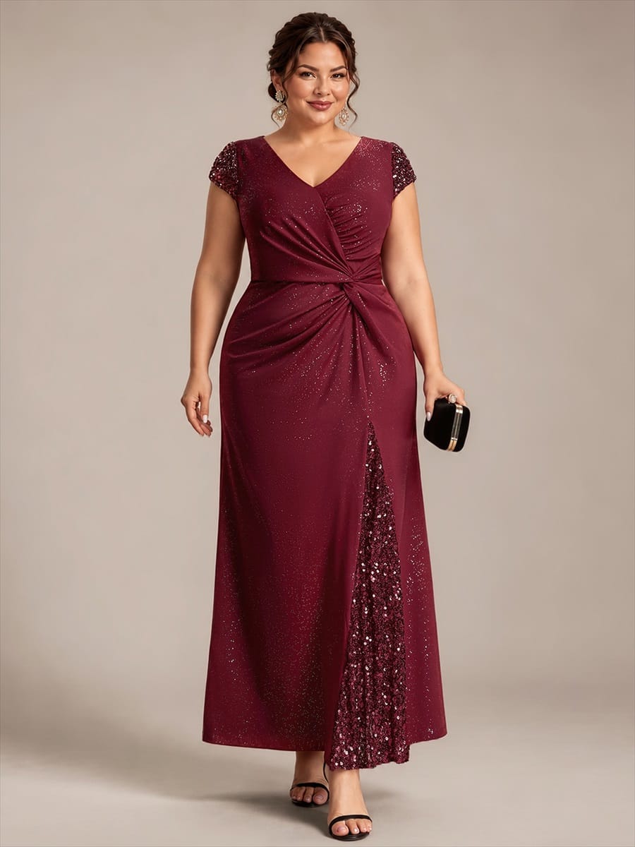 pretty KAIA|Plus Size Sequin Maxi Dress with V Neck & Cap Sleeves