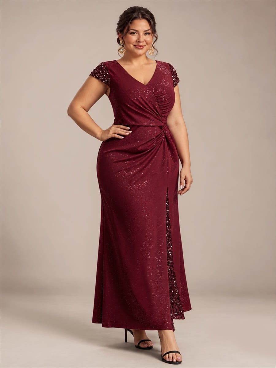 pretty KAIA|Plus Size Sequin Maxi Dress with V Neck & Cap Sleeves
