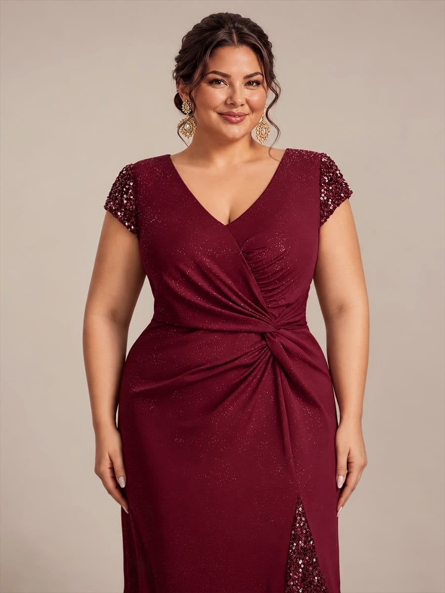 pretty KAIA|Plus Size Sequin Maxi Dress with V Neck & Cap Sleeves
