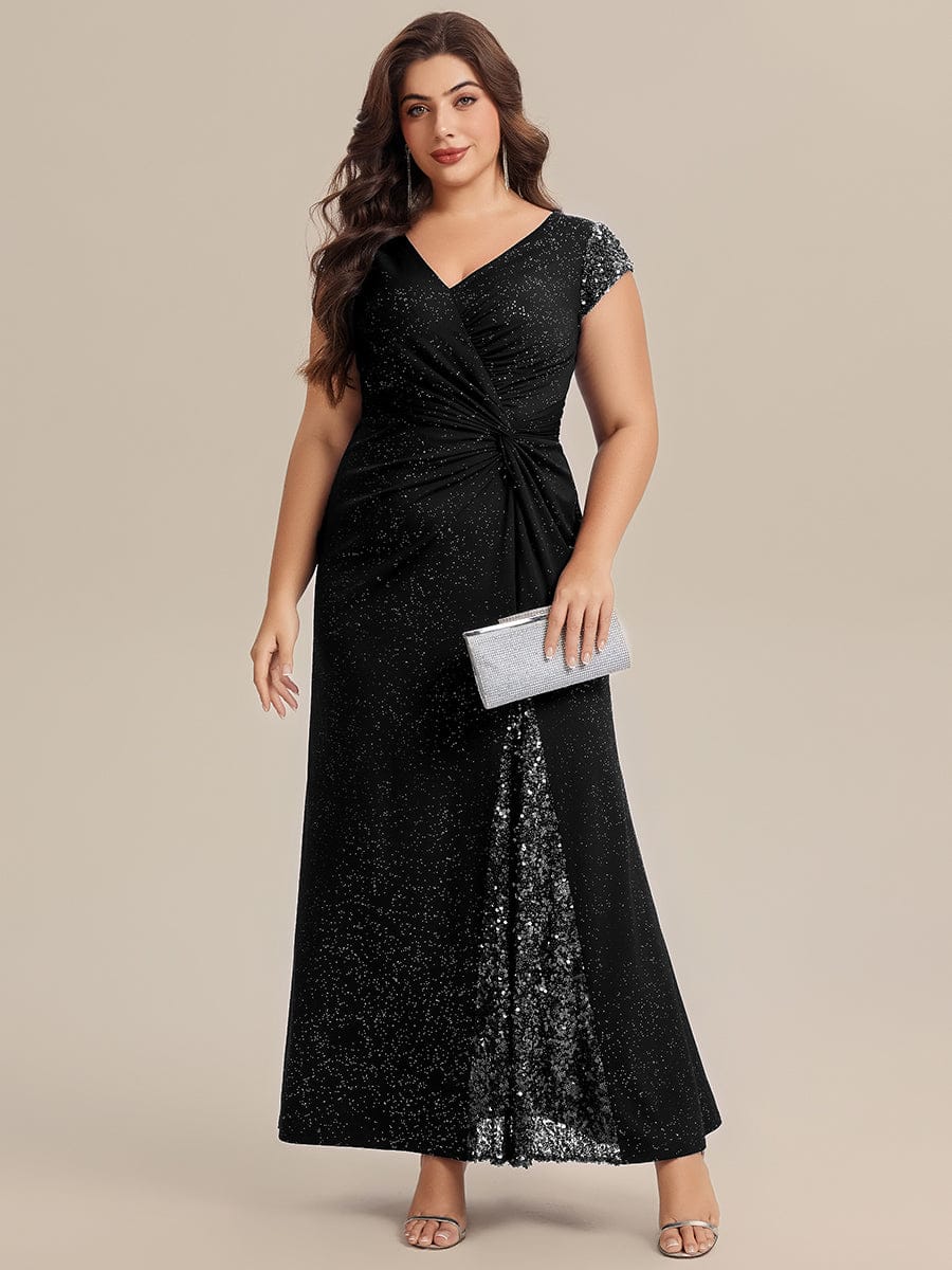 pretty KAIA|Plus Size Sequin Maxi Dress with V Neck & Cap Sleeves