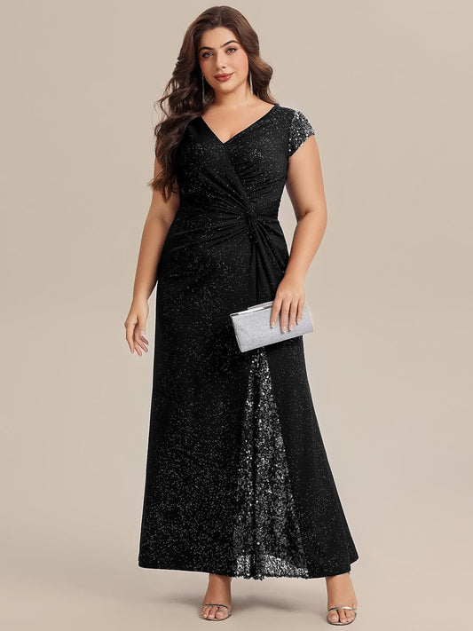 pretty KAIA|Plus Size Sequin Maxi Dress with V Neck & Cap Sleeves