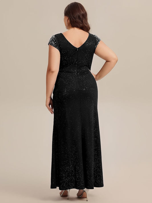 pretty KAIA|Plus Size Sequin Maxi Dress with V Neck & Cap Sleeves