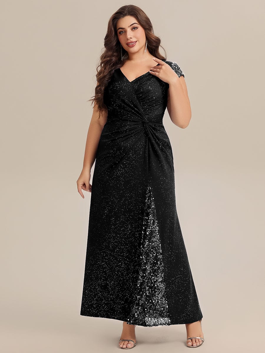 pretty KAIA|Plus Size Sequin Maxi Dress with V Neck & Cap Sleeves