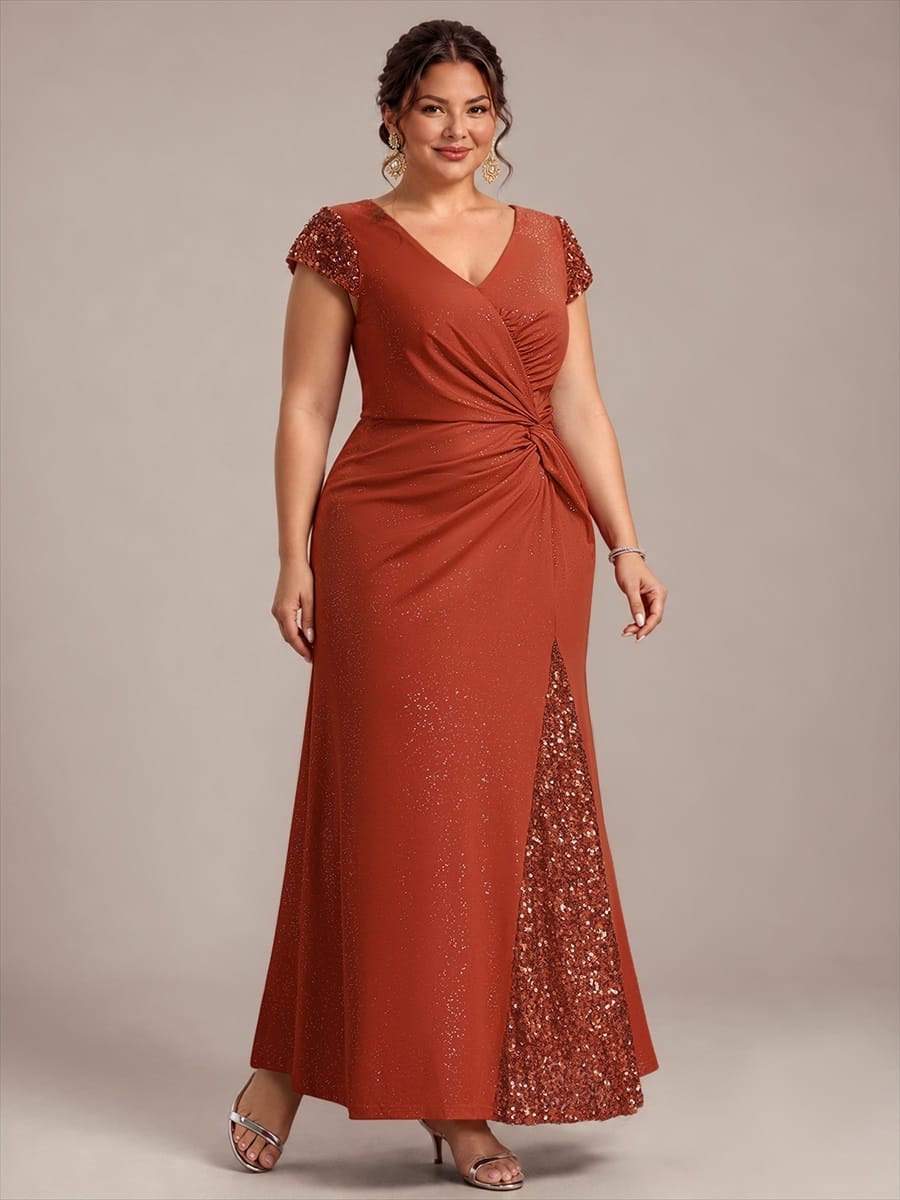 pretty KAIA|Plus Size Sequin Maxi Dress with V Neck & Cap Sleeves