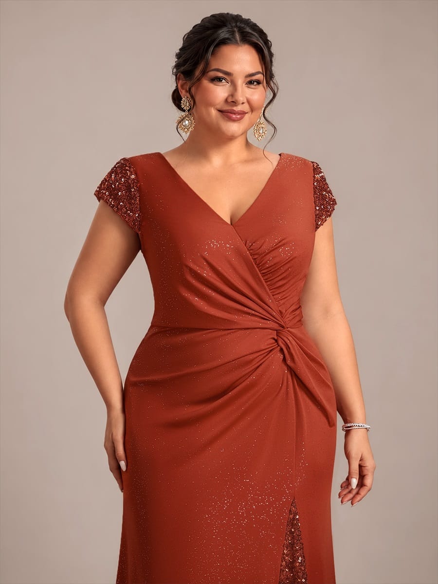 pretty KAIA|Plus Size Sequin Maxi Dress with V Neck & Cap Sleeves